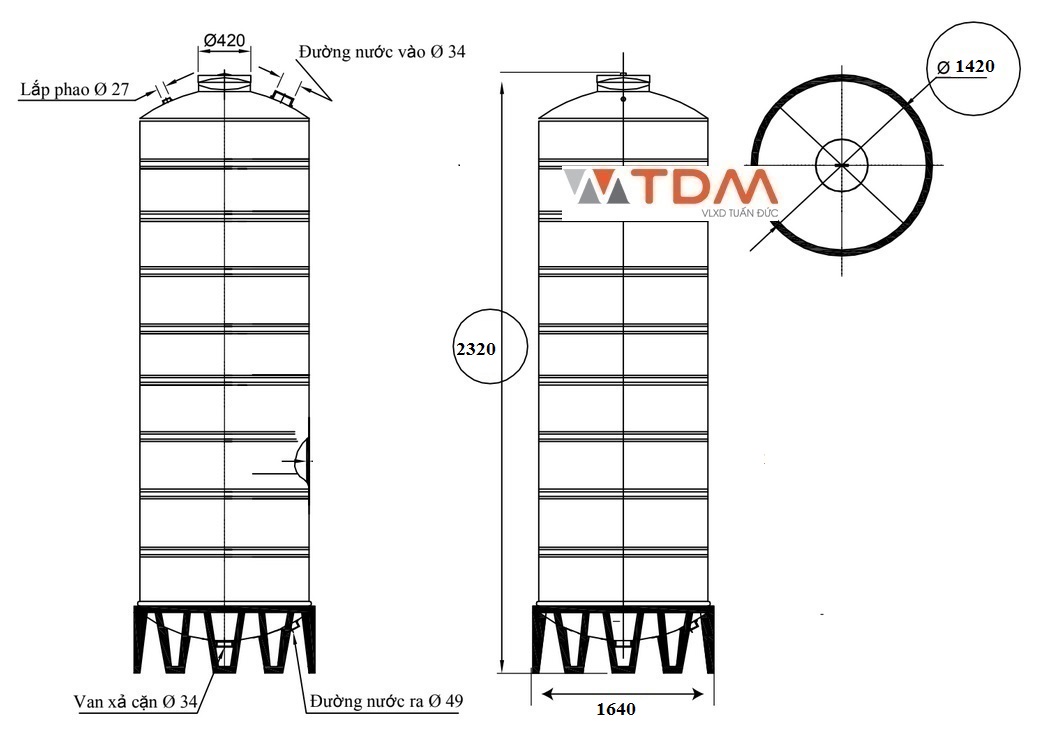 Bản vẽ téc nước inox 3000 lít đứng SUS 304 Sơn Hà phi 1420