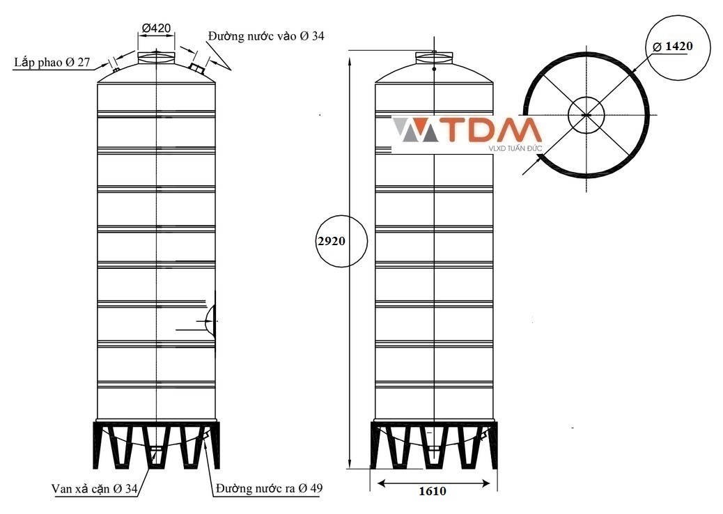 Bản vẽ téc nước inox 4000 lít đứng SUS 304 Sơn Hà phi 1420