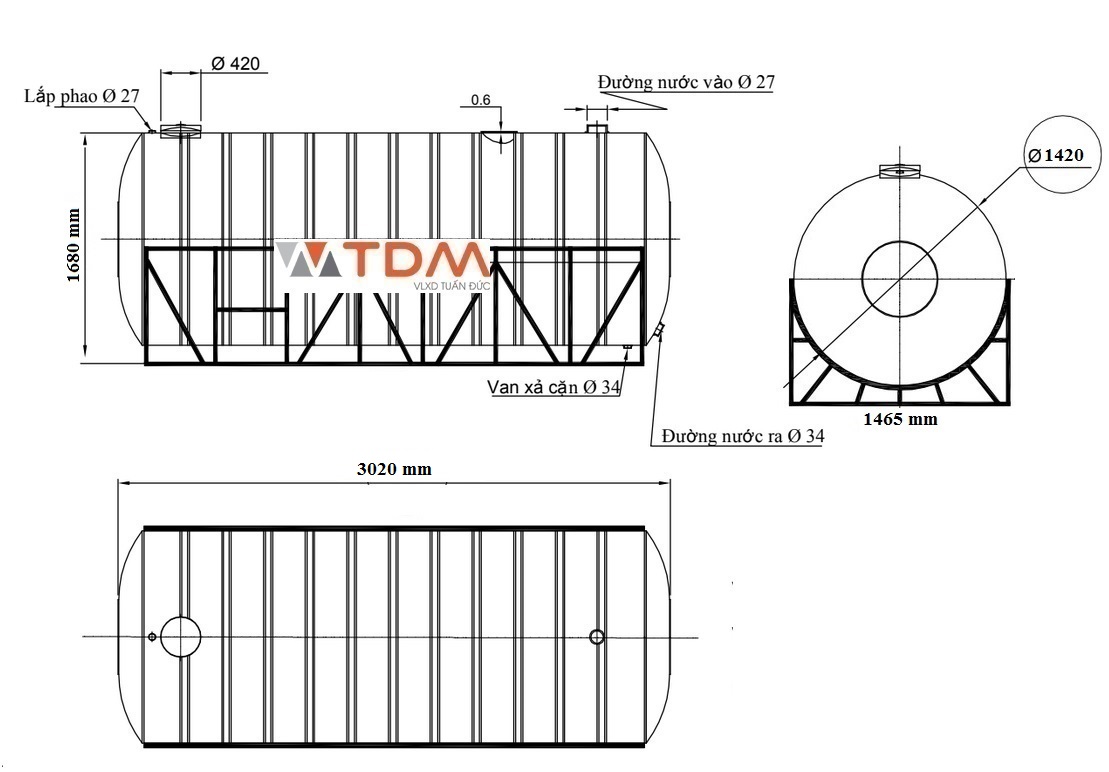 Bản vẽ téc nước inox 4500 lít ngang SUS 304 Sơn Hà phi 1420