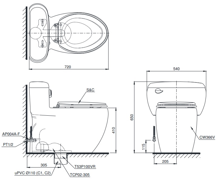 Bản vẽ bồn cầu nắp điện tử TOTO MS366W6