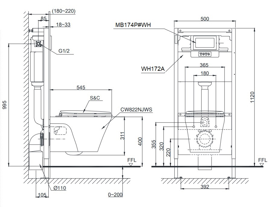 Bản vẽ kỹ thuật xí bệt CW822NJWS-MB174P-WH172A