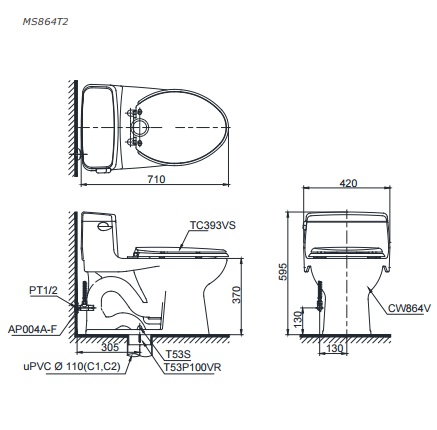 Bản vẽ bồn cầu TOTO MS864T3  - Xí bệt bàn cầu vệ sinh 1 khối nắp êm