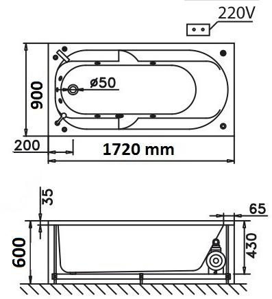 Bản vẽ kỹ thuật bồn tắm xây Caesar MT211SAL(R) 1,7M