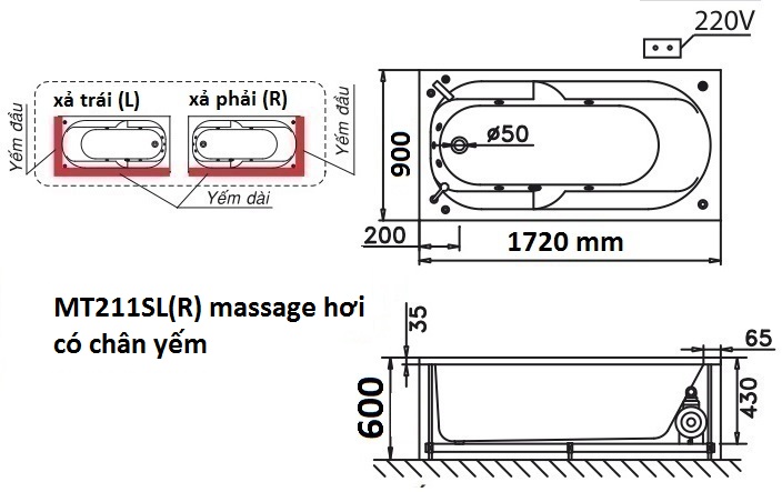 Bản vẽ kỹ thuật bồn tắm massage hơi Caesar MT211SL(R) 1,7M