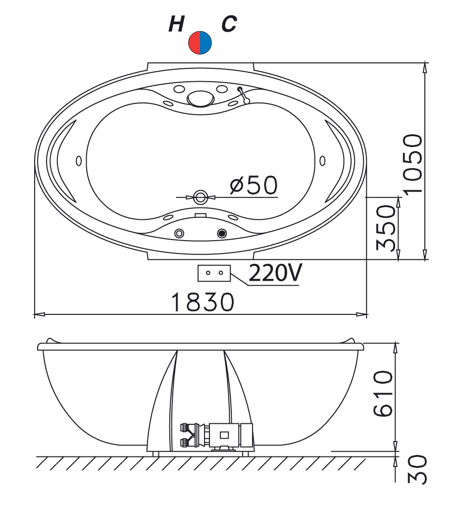 Bản vẽ bồn tắm chân yếm massage MT3280