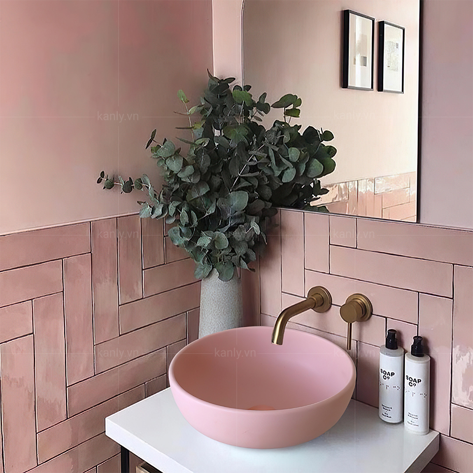 Lavabo sứ tròn màu hồng SU520 thanh lịch, tinh tế